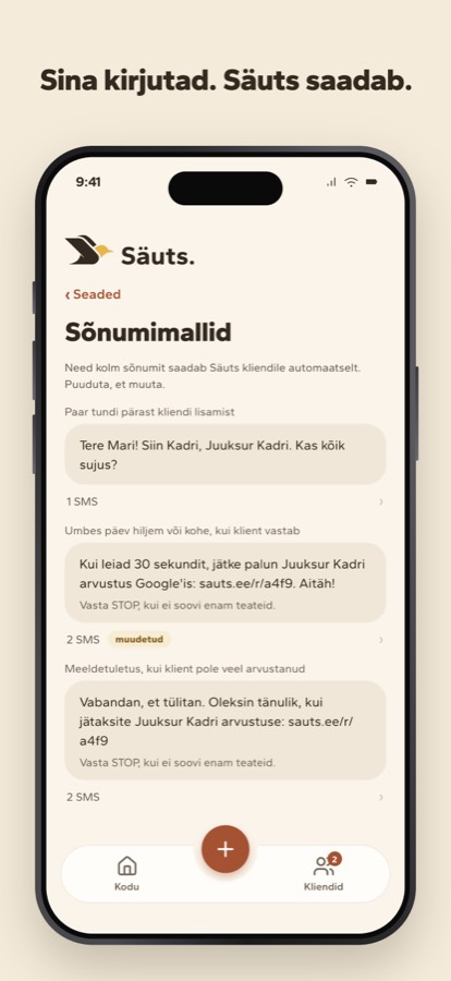 Säuts message templates: a check in text, a review invite and a reminder
